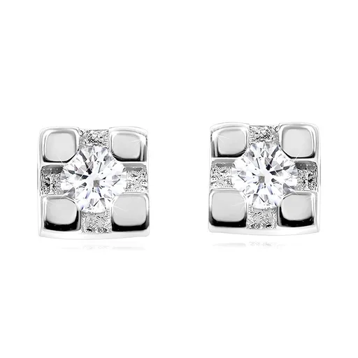 Briliantové náušnice z bieleho 14K zlata - štvorec s okrúhlym diamantom, puzetky