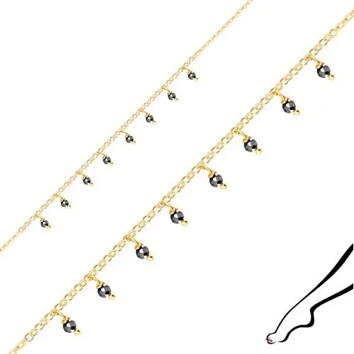 Strieborný náramok na členok 925 - guľôčky z pyritu, zlatá farba, karabínka