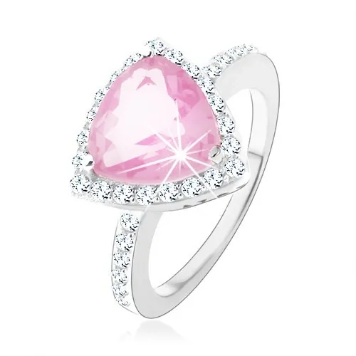 Strieborný 925 prsteň, trojuholníkový ružový zirkón, ligotavý číry lem - Veľkosť: 54 mm