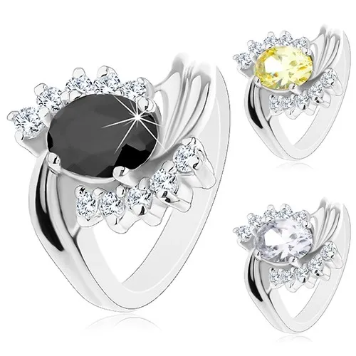 Prsteň v striebornom odtieni, zvlnené ramená so zárezom, zirkónový ovál - Veľkosť: 49 mm, Farba: Čierna