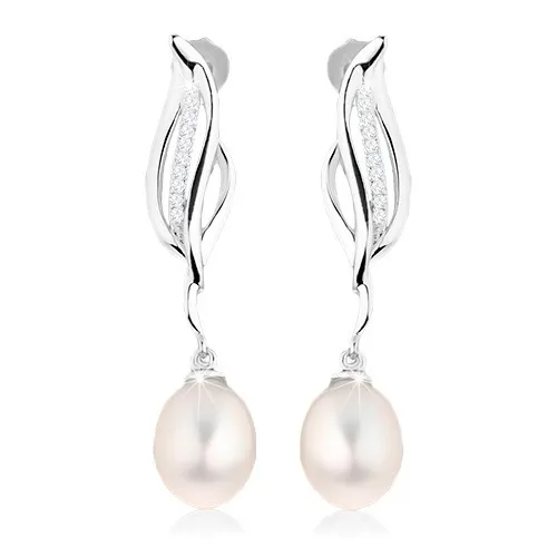 Strieborné náušnice 925, zvlnený obrys listu, visiaca oválna perla bielej farby