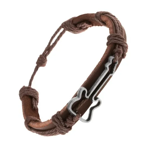 Tmavohnedý náramok z kože a šnúrok, vyrezávaný obrys gitary