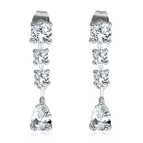 Oceľové náušnice, tri okrúhle zirkóny a brúsená slza čírej farby, puzetky