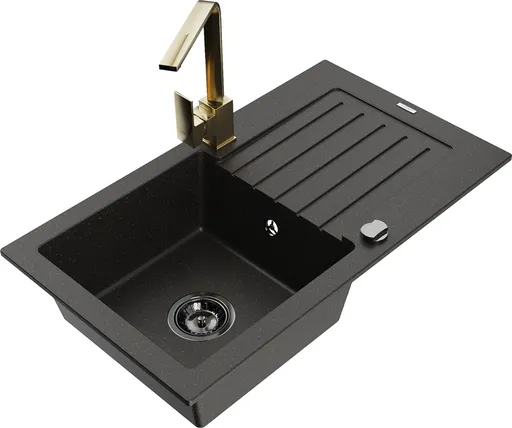 MEXEN/S MEXEN/S - Pablo granitový drez 1-miska s odkvapkávačom vrátane batérie Rita, čierny/zlatý metali 6510-75-670300-50-B