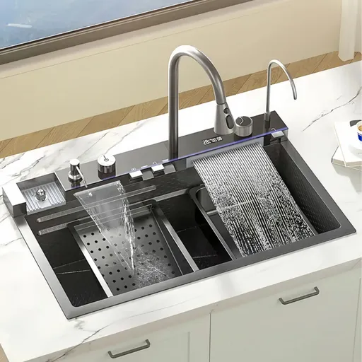 VELAZO Jednokomorový oceľový drez s dvojitým vodopádom 75 x 45 cm, PVD grafit, VELAZO VELAZ7545HQ