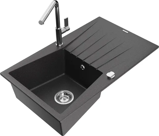 MEXEN/S MEXEN/S - Cesar granitový drez 1-miska s odkvapkávačom vrátane batérie Flora, čierna kropenatá 6514-76-670401-00