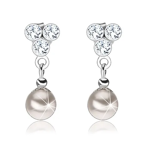 Náušnice, striebro 925, číre krištáliky Preciosa, syntetická perla, puzetky