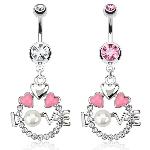 Oceľový piercing do pupku - kruh, srdcia, nápis LOVE s perlou - Farba zirkónu: Číra - C