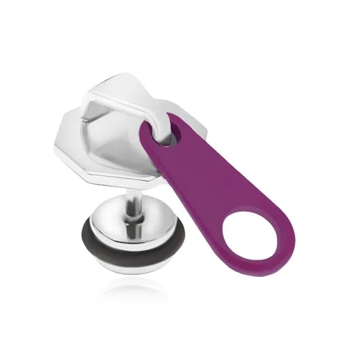 Falošný plug do ucha z ocele, strieborno-fialový zips