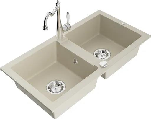 MEXEN/S MEXEN/S - Mario granitový drez 2-bowl vrátane batérie Carla, béžová 6504-69-670700-00