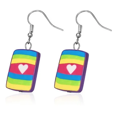 Náušnice z materiálu FIMO - dúhový obdĺžnik s bielym srdiečkom, háčiky