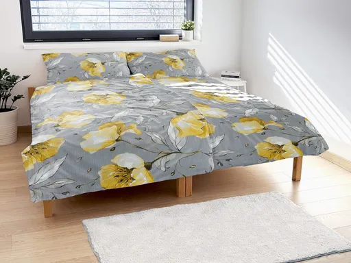 Polášek Krepové obliečky Rozkvitnutý kvet - Šedá / žltá | 140 x 200 cm / 70 x 90 cm