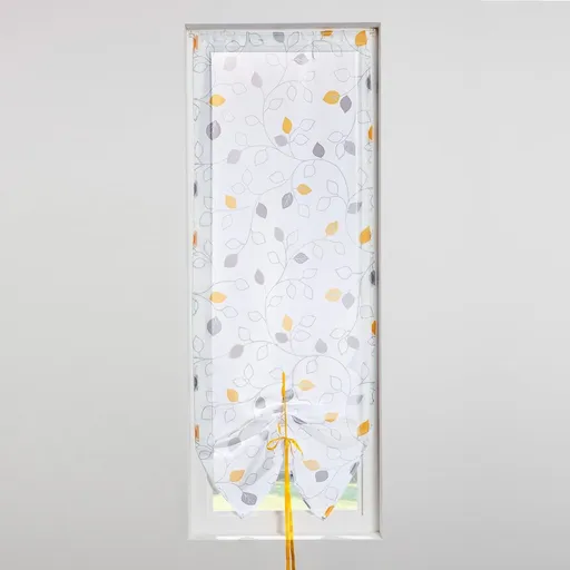 Záclonka s potlačou lístkov a saténovou stužkou