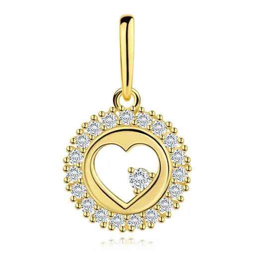 Prívesok zo žltého zlata 9K v tvare kruhu so srdcom a zirkónmi