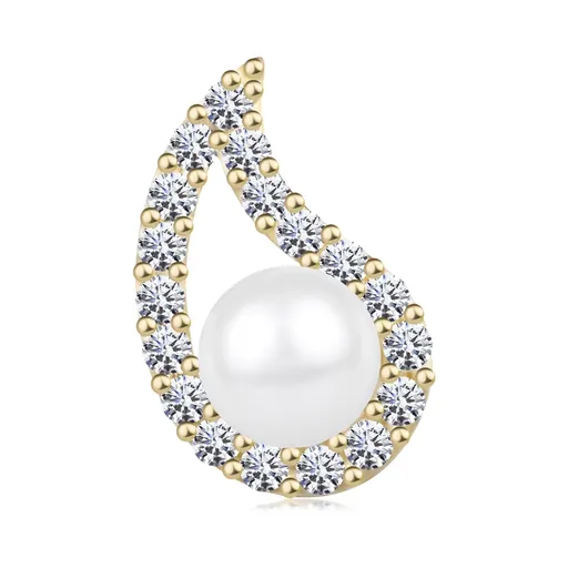 Prívesok v žltom 14K zlate - asymetrický obrys kvapky, číre zirkóny, perla