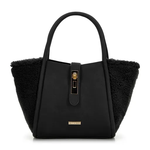 Damski kuferek z ekoskóry i futerka czarny 99-4Y-220-1