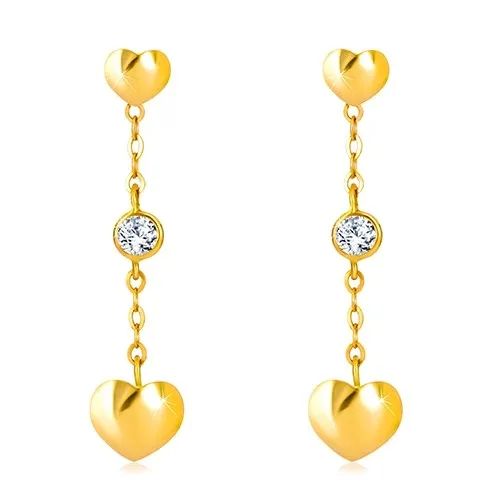 Náušnice zo žltého 9K zlata - pravidelné srdiečka, ligotavý zirkón a retiazka