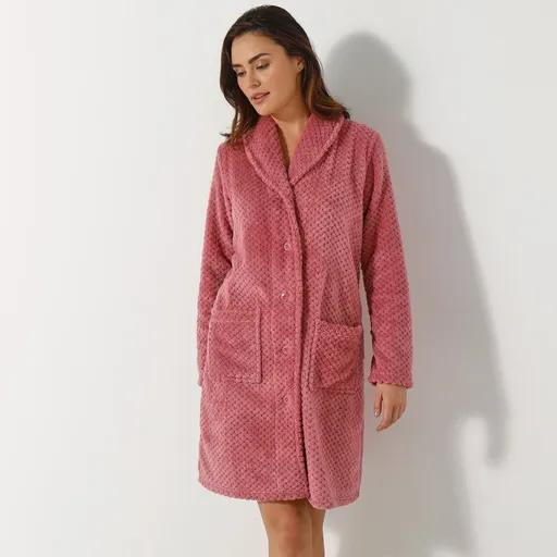 Fleecový župan na gombíky, so šálovým golierom a textúrou