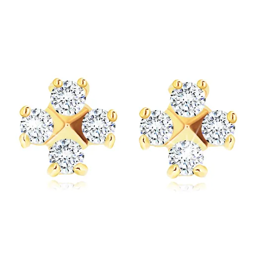 Zlaté náušnice 14K so štvoricou zirkónov a pyramídovým stredom