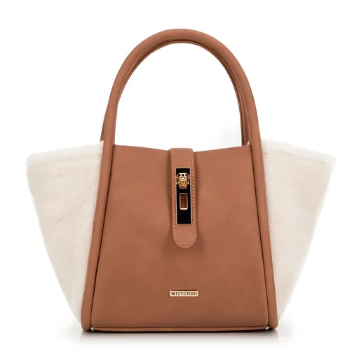 Damski kuferek z ekoskóry i futerka beżowy 99-4Y-220-9