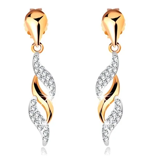 Zlaté náušnice 585 - ligotavé vlnky visiace na lesklej kvapke, krištáliky Swarovski