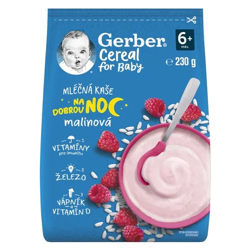 GERBER Cereal mliečna kaša malinová na dobrú noc 6m+ 230 g