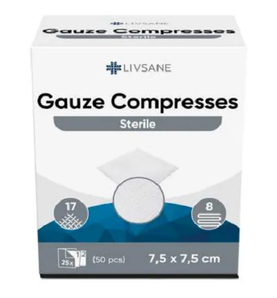 LIVSANE Sterilné gázové tampóny kompres 7,5x7,5cm, 25x2 (50ks)