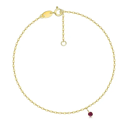 Zlatý 585 náramok v žltom zlate - okrúhly červený kamienok, oválne očká
