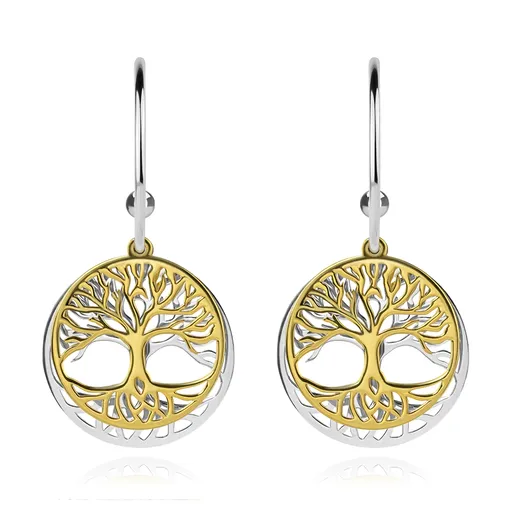 Dvojfarebné náušnice zo striebra 925, neúplný kruh, strom života v obruči