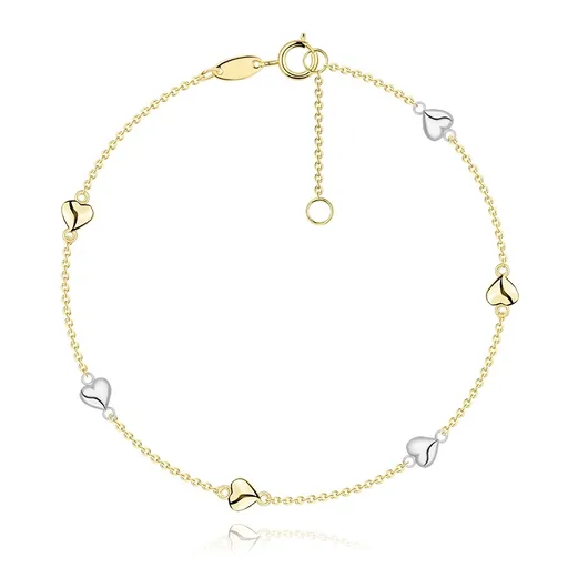 Náramok z kombinovaného zlata 585 - žlté a biele srdcia s hladkým povrchom