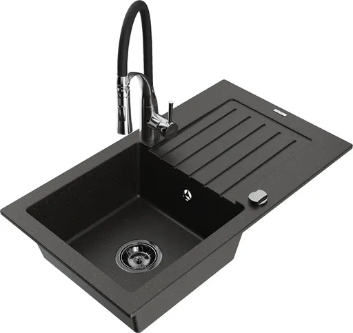 MEXEN/S MEXEN/S - Pablo granitový drez 1 s odkvapkávačom vrátane batérie Aster, čierna/zlatá metalik 6510-75-73450-07-B