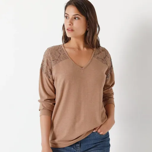 Tričko s výstrihom do V, dlhými rukávmi a čipkou