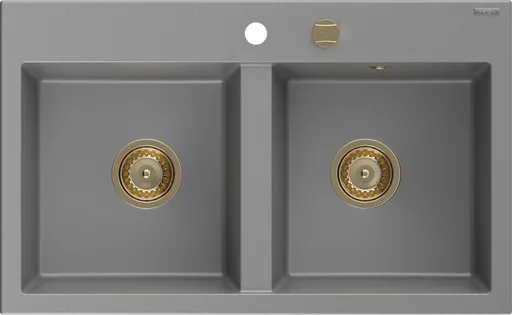MEXEN/S MEXEN/S - Hektor granitový drez 2-bowl 800 x 480 mm, sivá, zlatý sifón 6521802000-71-G