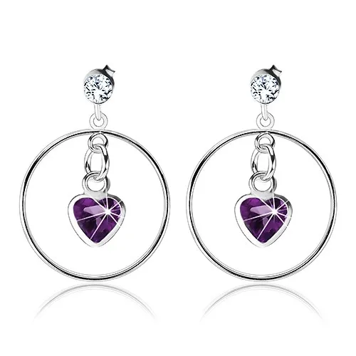 Náušnice zo striebra 925, fialové zirkónové srdiečko, tenká obruč