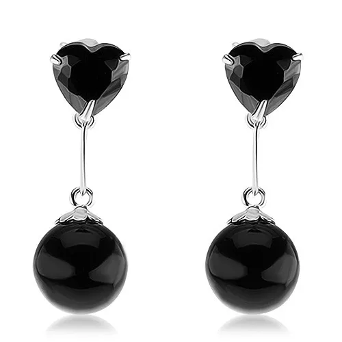 Strieborné 925 náušnice, zirkónové srdce a guľatá perla v čiernej farbe