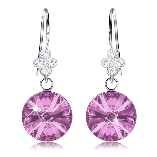 Strieborné náušnice 925, okrúhly Swarovski krištáľ ametystovej farby, 11 mm