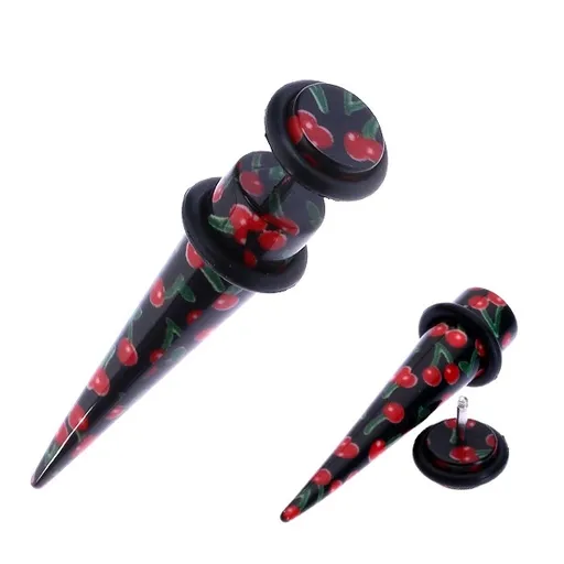 Akrylový fake taper s motívom čerešní na čiernom podklade