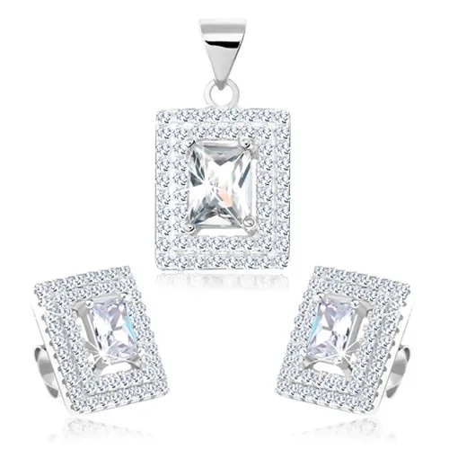 Strieborný set 925, náušnice s príveskom, zirkónový obdĺžnik, dvojitá obruba