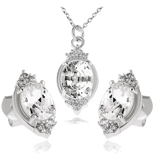Strieborný set 925, náhrdelník a náušnice, číry zirkónový ovál a lístky