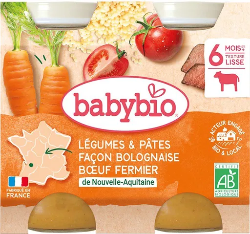 BABYBIO, Zelenina s cestovinami na bolonský spôsob, s farmárskym hovädzím mäsom, 2× 200 g (3288131510033)