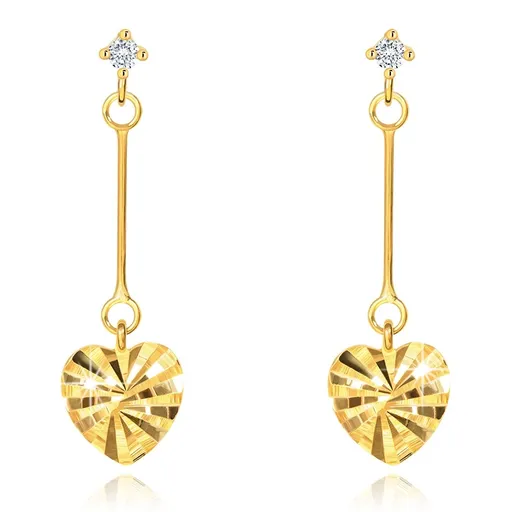 Náušnice v žltom 9K zlate - srdiečko s lúčovitými ryhami, palička, číry zirkón