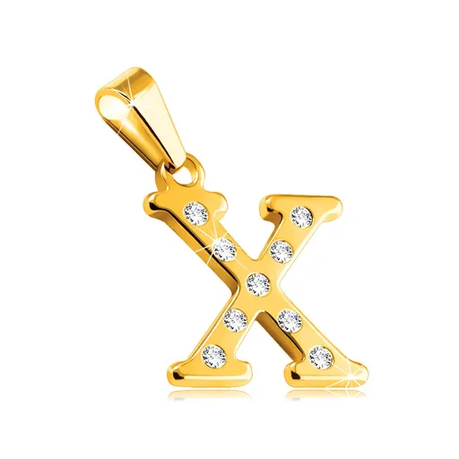 Oceľový prívesok zlatej farby, písmeno X vykladané okrúhlymi čírymi zirkónmi