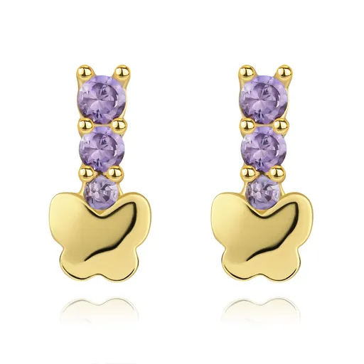 Zlaté náušnice 14K motýlia línia s fialovými zirkónmi