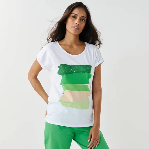 Rovné tričko s okrúhlym výstrihom a potlačou art pruhov