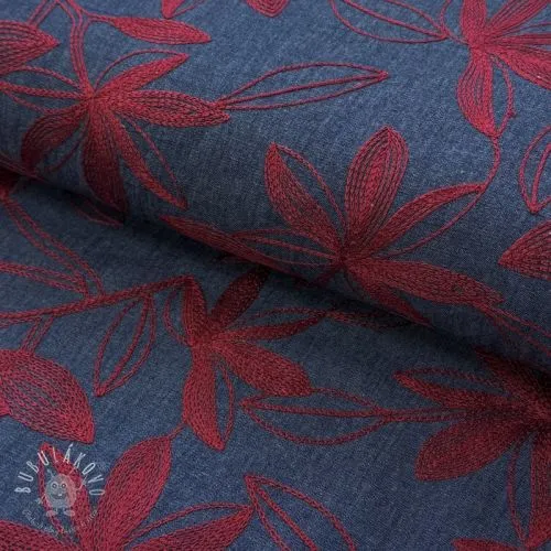 Bavlnená látka JEANS Embroidery Flowers burgundy