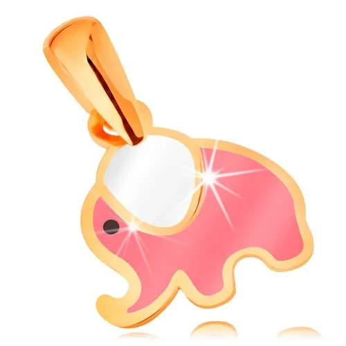 Zlatý prívesok 585, glazúrovaný ružovo-biely sloník s čiernym očkom
