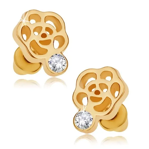 Puzetové náušnice zlatej farby, obrys kvetu, číry zirkón
