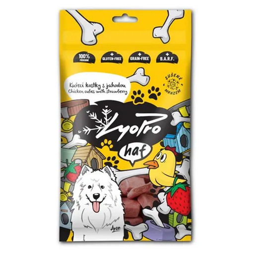 LYOPRO Mrazom sušené kuracie kocky s jahodou pre psov 50 g