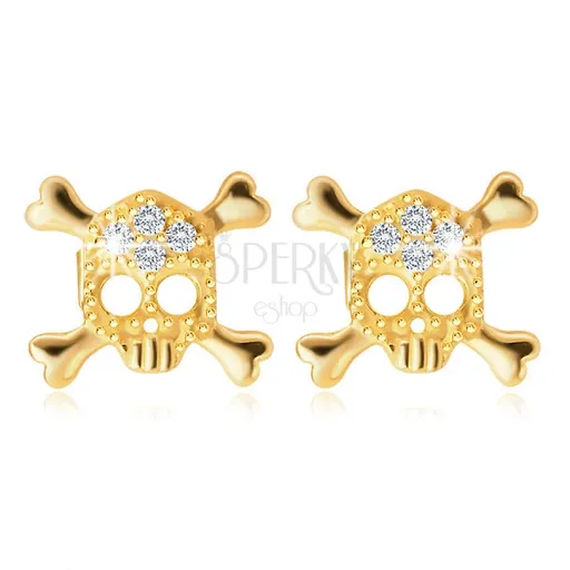 Diamantové náušnice zo žltého 585 zlata - lebka zdobená briliantmi, puzety