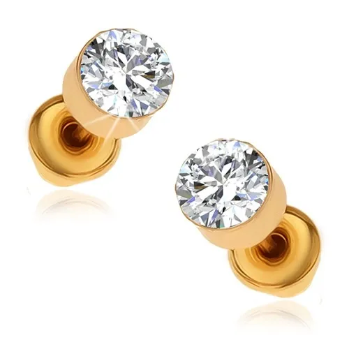 Náušnice v zlatom odtieni, okrúhle číre kamienky v lesklej objímke